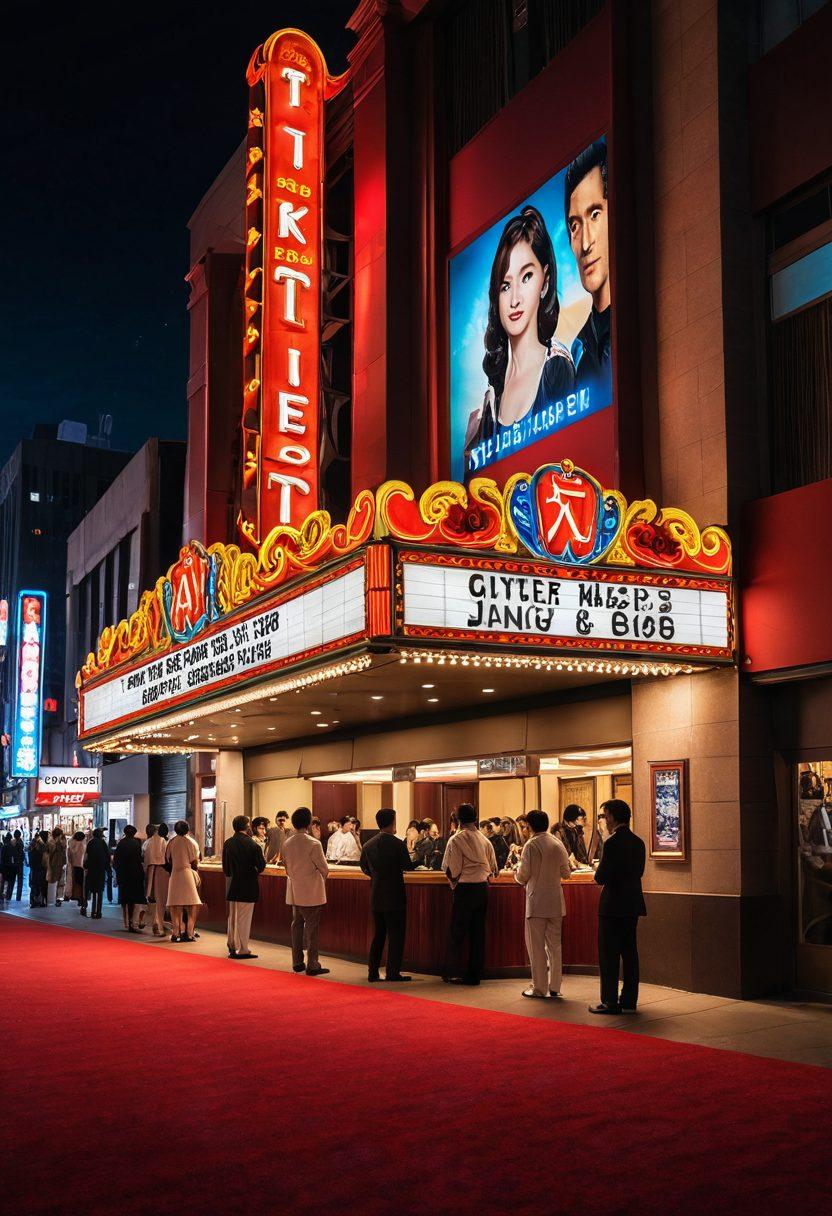 An eye-catching movie theater with a large, bold poster displaying an ensemble of charismatic characters from various JAV movies, vibrant neon lights illuminating the exterior, and an excited crowd outside, showcasing a lively atmosphere. Include a ticket booth and a red carpet leading in. super-realistic. vibrant colors. cinematic style.