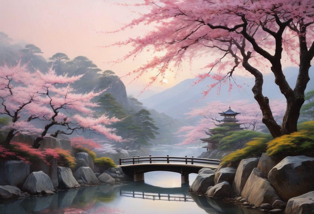 A seductive Japanese landscape featuring a serene cherry blossom garden, with hints of playful elements like elegant silk kimonos draped over low stone walls. Subtle and tasteful, capturing the essence of eroticism without being explicit, with soft lighting to create an intimate ambiance. Include elements of traditional Japanese art blending with modern aesthetics. pastel colors, super-realistic.
